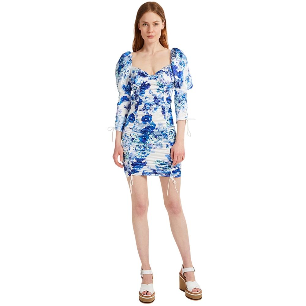 NWT For Love & Lemons Hyacinth Drawstring Mini Dress Blue White Floral XS